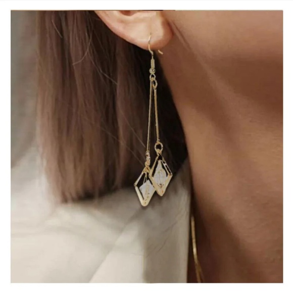 3/$35 Gold Geometric Long Drop Dangle Earrings Clear Stones Crystal Diamond - Picture 1 of 7